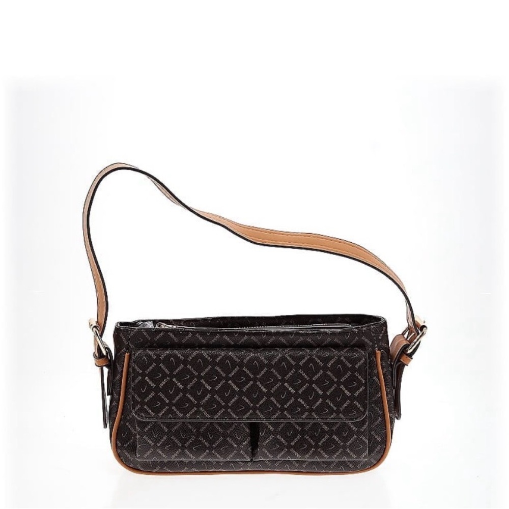 Women's Dark Brown Patterned Shoulder Bag with Tan Trim
